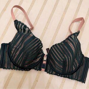 Victoria’s Secret Lined Plunge Bra 36C Teal Lace Pink Straps Sexy Comfortable